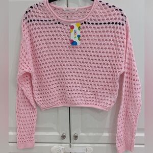 2/$35 UKIDS Pink Crochet Sweater L 14-16 Cropped Open Knit Cotton Crewneck